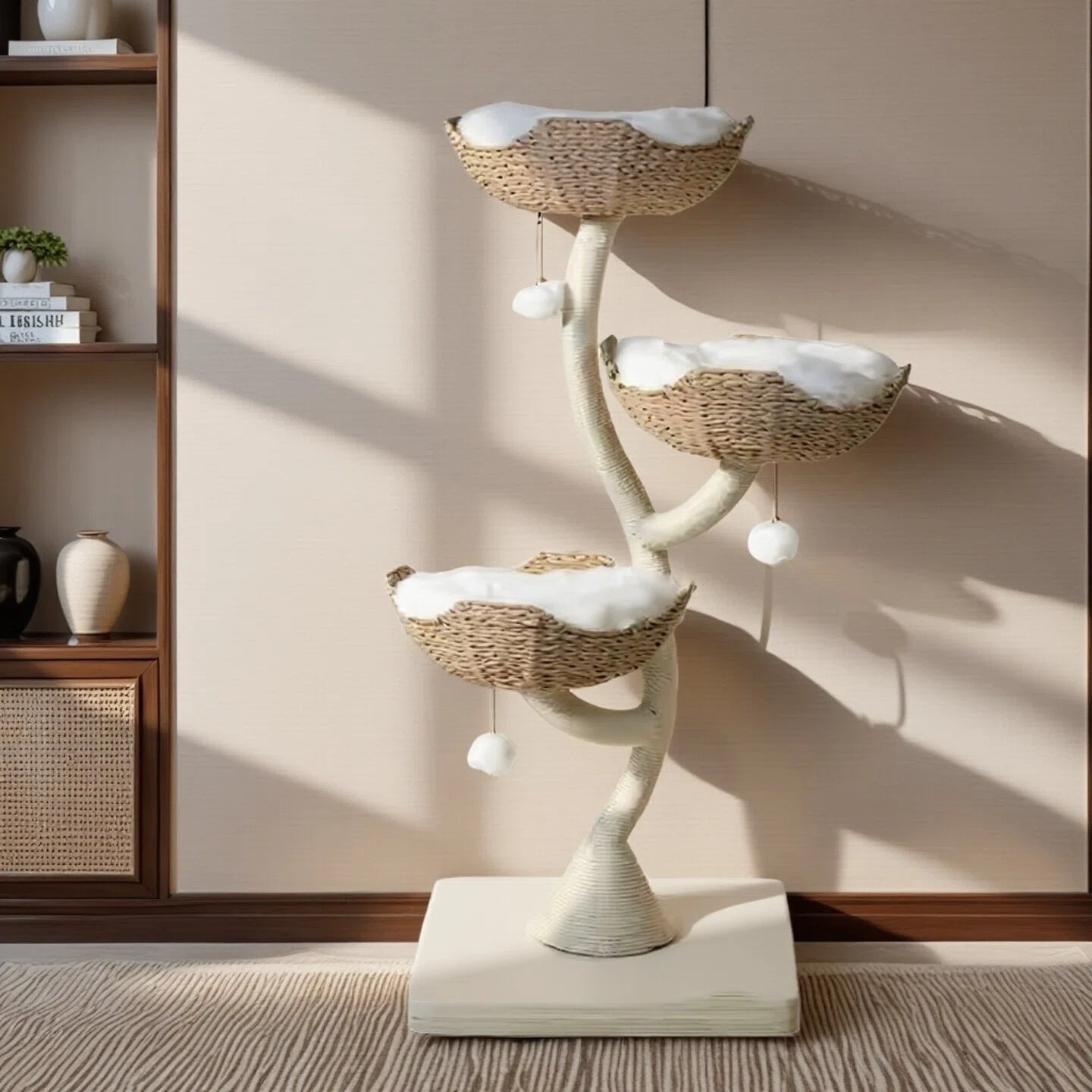 Wonderland Handcrafted Rattan Cat Tree ,3-Level 1.35M Climbing Tower with Soft Washable Beds