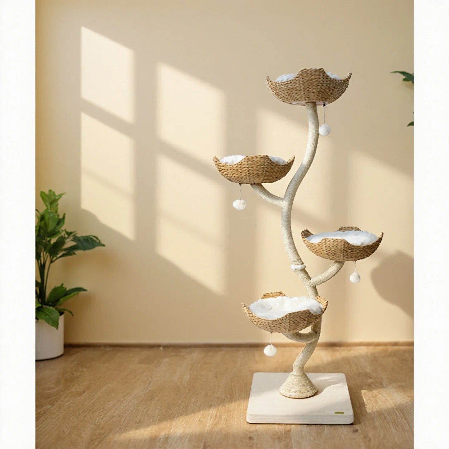 Wonderland Handcrafted Rattan Cat Tree , Climbing Tower with Soft Washable Beds