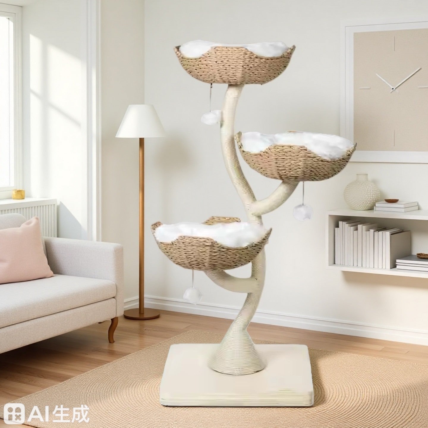 Wonderland Handcrafted Rattan Cat Tree ，3-Level 1.35M Climbing Tower with Soft Washable Beds