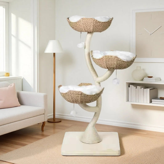 Wonderland Handcrafted Rattan Cat Tree ，3-Level 1.35M Climbing Tower with Soft Washable Beds