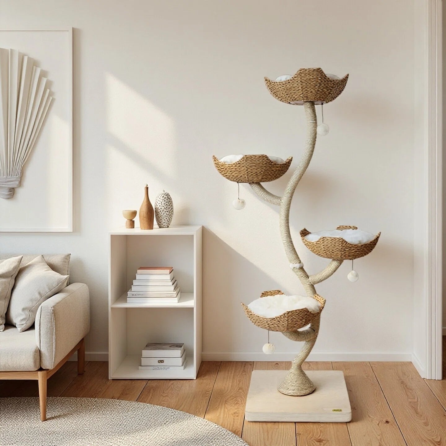 Wonderland  Handcrafted Rattan Cat Tree ， Climbing Tower with Soft Washable Beds