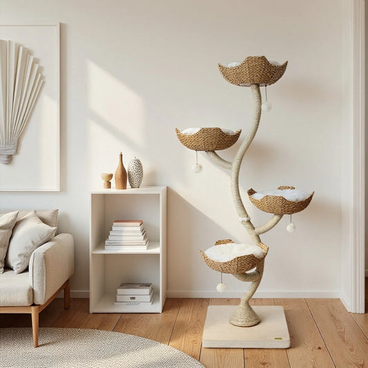 Wonderland  Handcrafted Rattan Cat Tree ， Climbing Tower with Soft Washable Beds