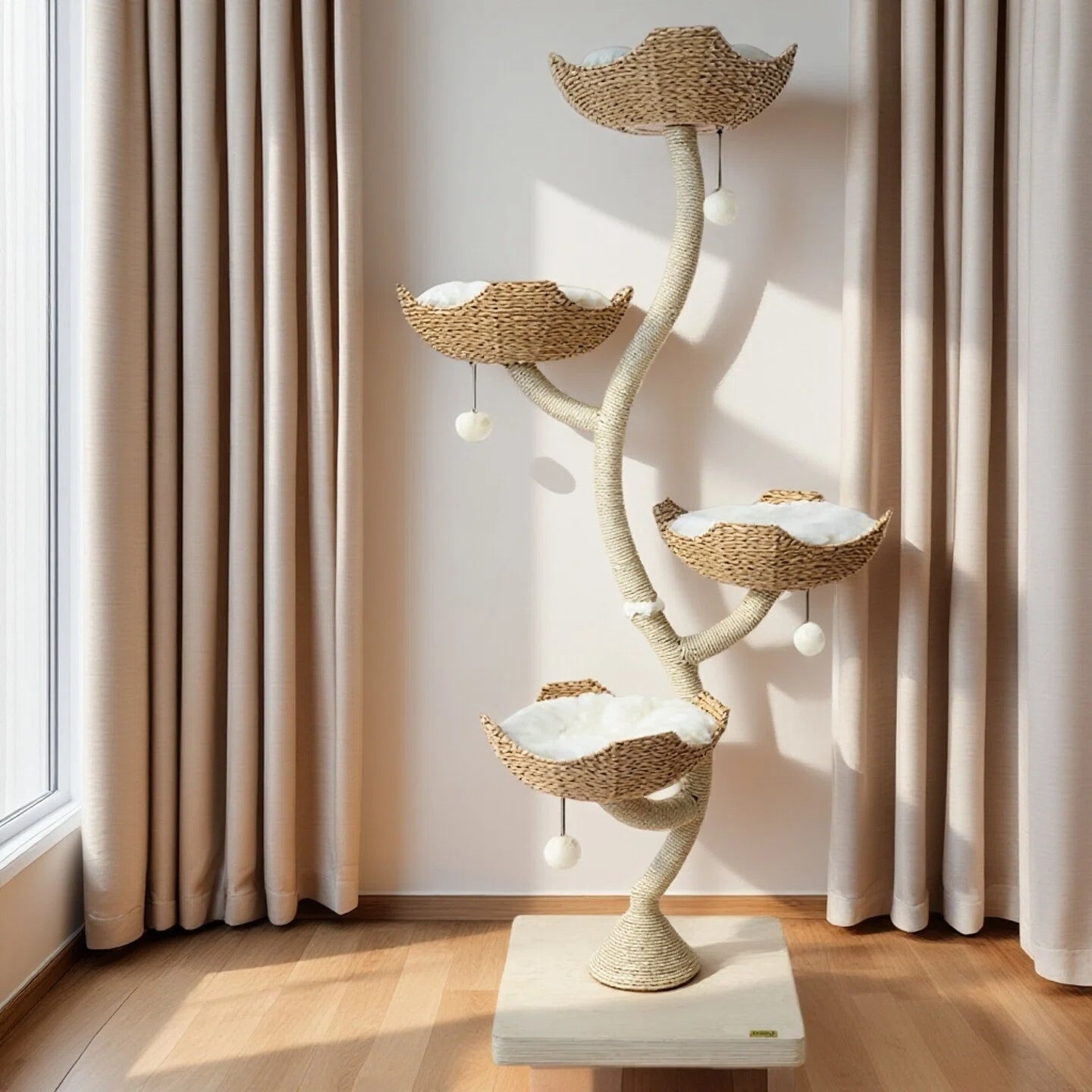 Wonderland  Handcrafted Rattan Cat Tree ， Climbing Tower with Soft Washable Beds