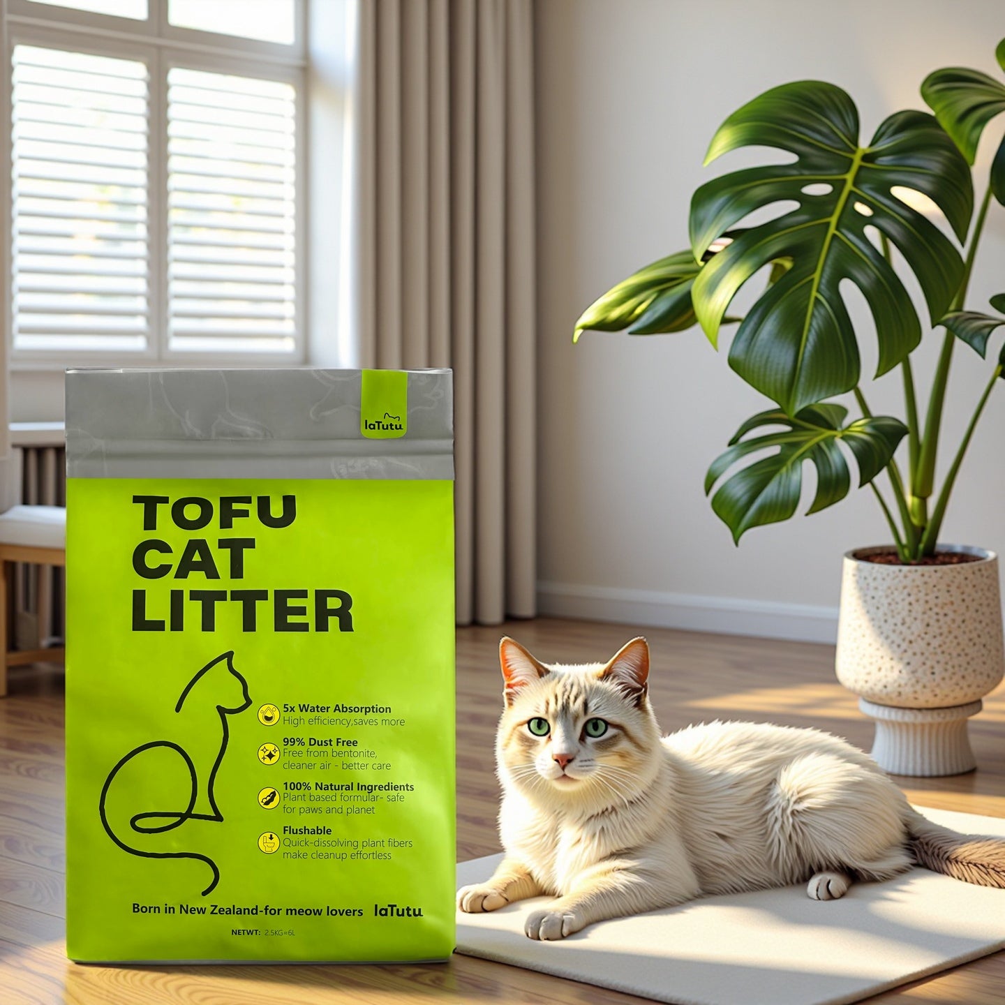 Latutu Nature Clumping Tofu Cat Litter 2.5KG/6L Flushable  Dust Free Plant -based Formula