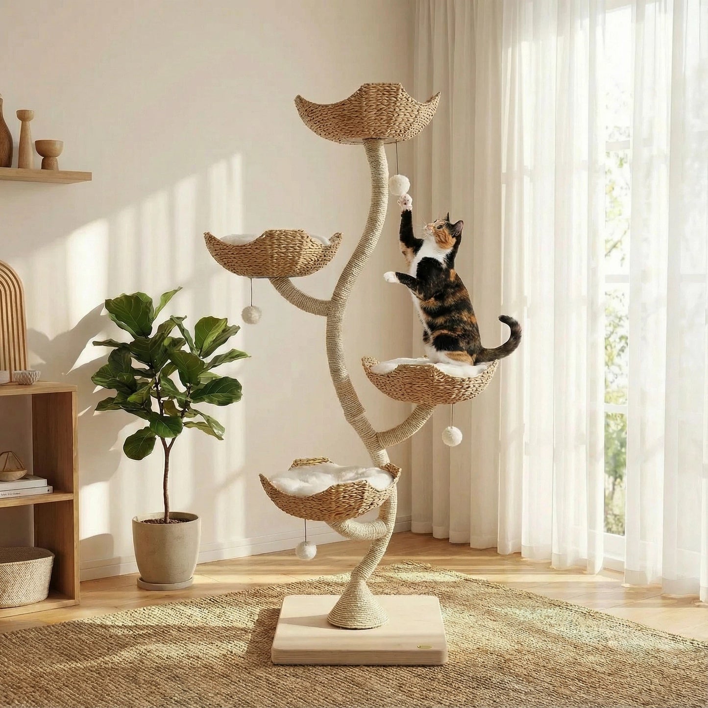 Wonderland  Handcrafted Rattan Cat Tree ， Climbing Tower with Soft Washable Beds